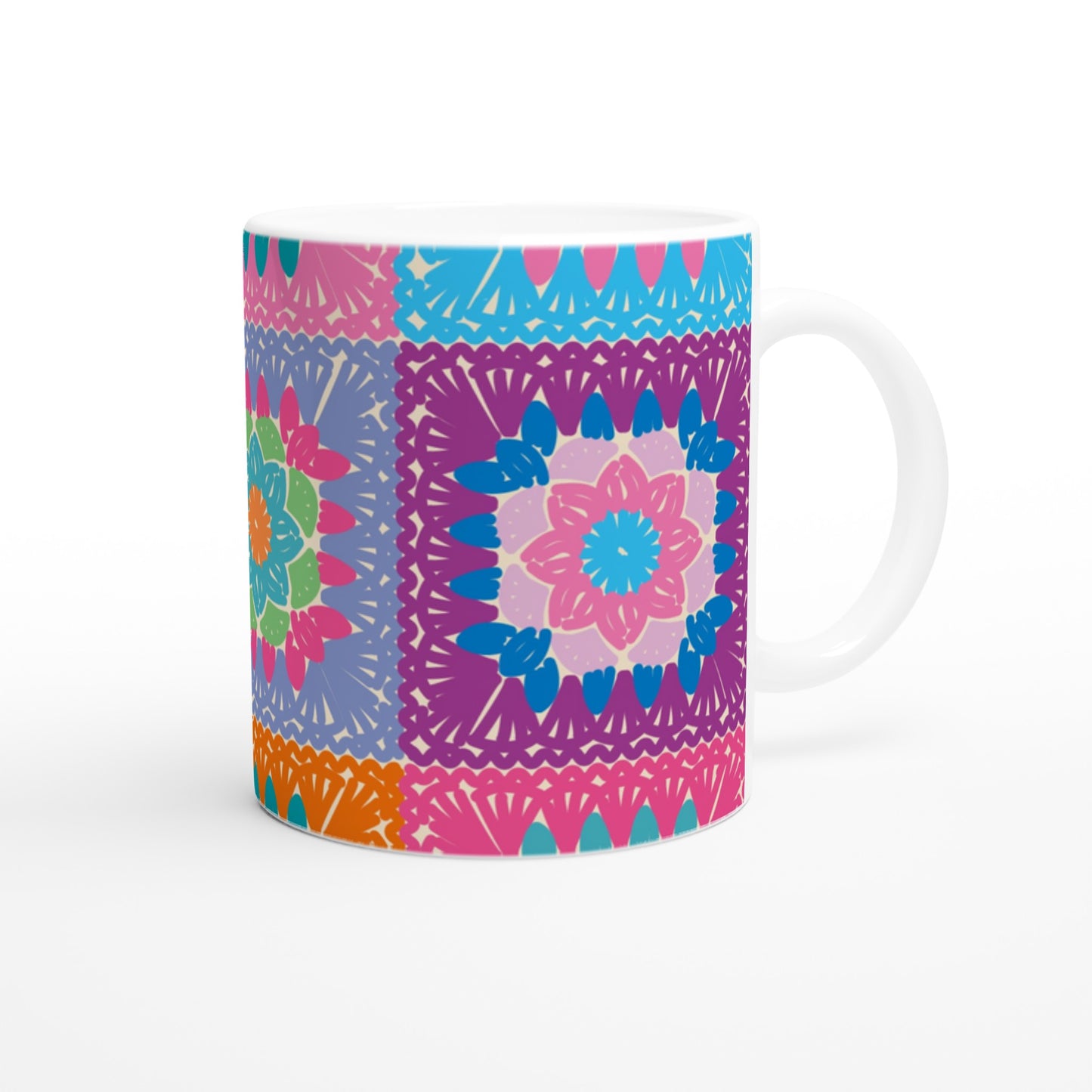 Granny Square Crochet Mug - White 11oz Ceramic Mug