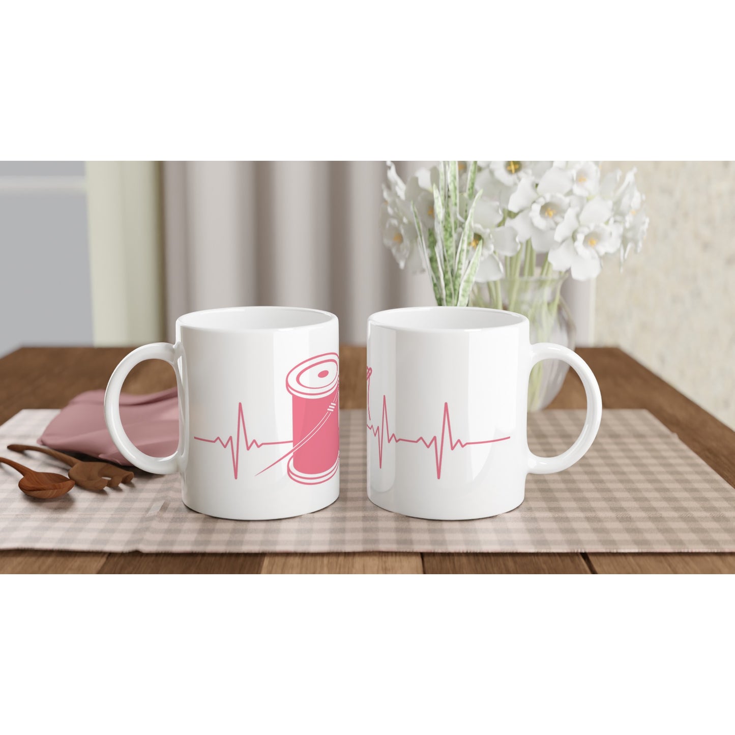 Sewing Spool Thread Heartbeat - Pink - White 11oz Ceramic Mug