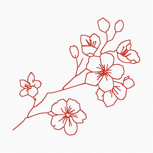 March Cherry Blossom Flower Redwork - Machine Embroidery Design - 4x4 Hoop