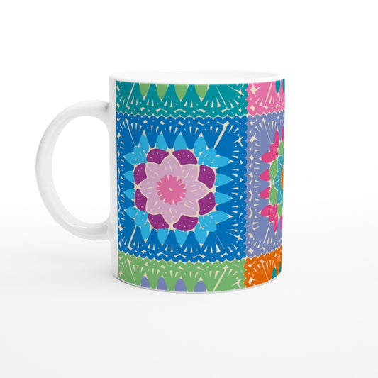 Granny Square Crochet Mug - White 11oz Ceramic Mug