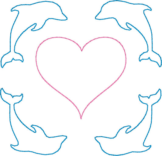 Dolphins & Heart - Machine Embroidery Quilting Design - 4x4 Hoop - Beachside Knits N Quilts