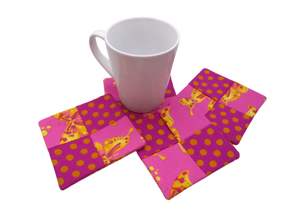 Criss Cross Coasters - Butterflies and Polka Dots Purple Pink Gold - Beachside Knits N Quilts