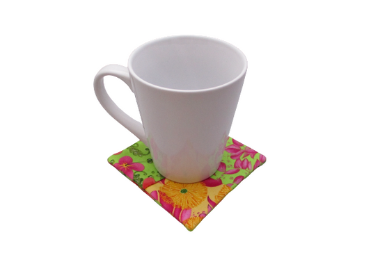 Criss Cross Coasters - Scrappy Tropical Poppies Hibiscus Yellow Pink Green - Beachside Knits N Quilts