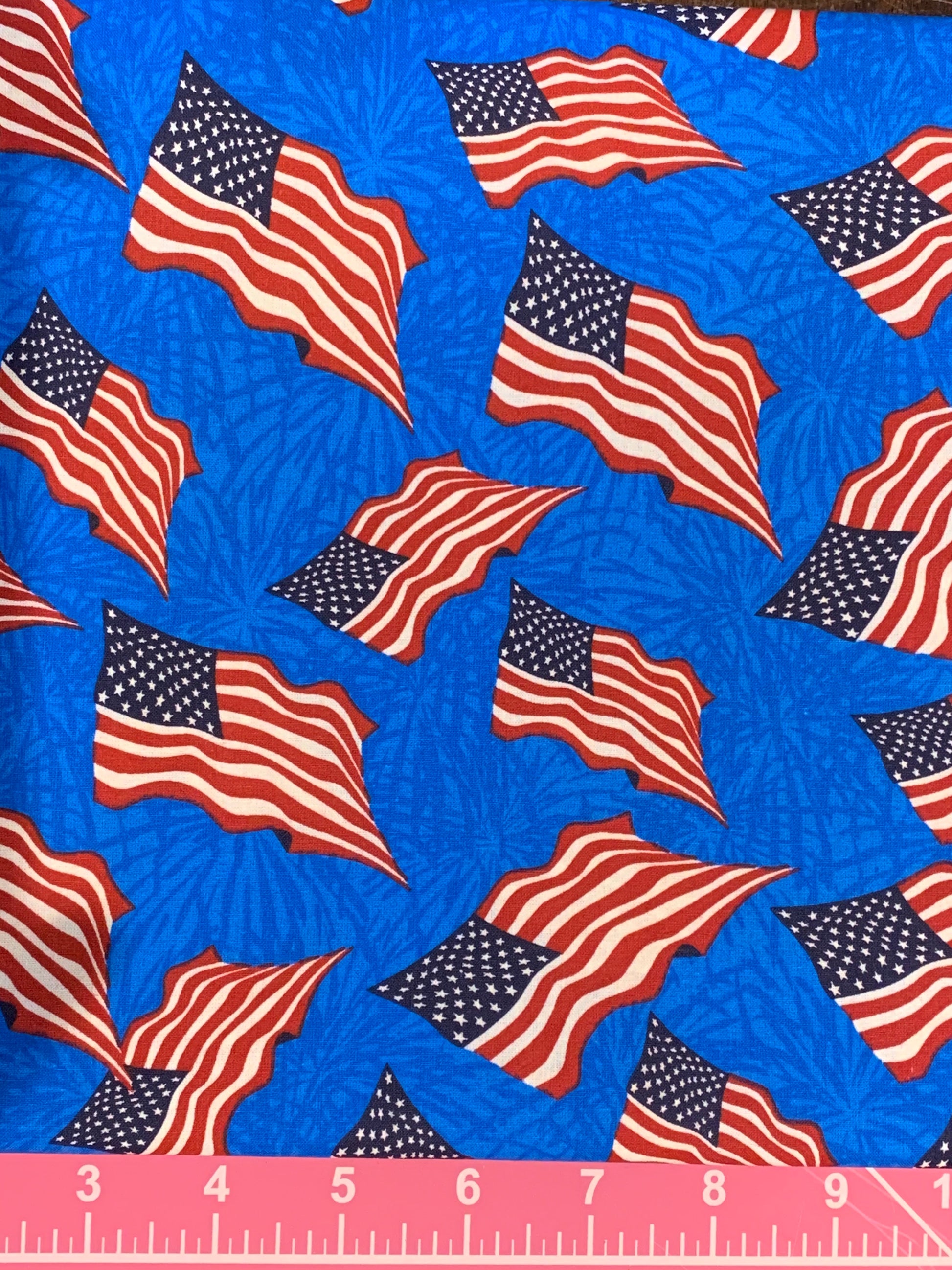 Cotton Fabric - Patriotic Americana - Flags on Blue - Fat Quarter - Beachside Knits N Quilts