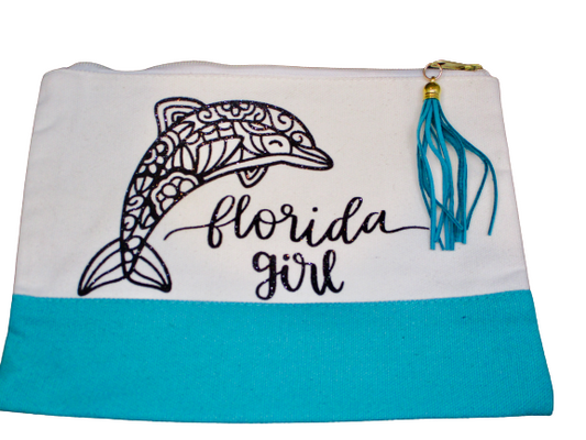 Florida Girl Dolphin Canvas Zipper Pouch Cosmetic Bag