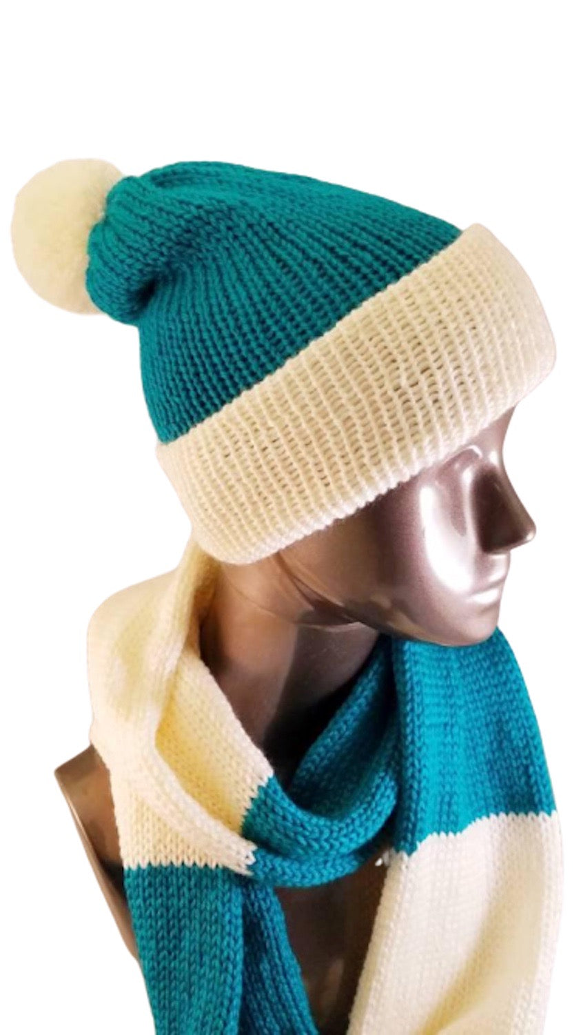 Marina Teal Cream Color Block Scarf Hat Set Knitted - Beachside Knits N Quilts