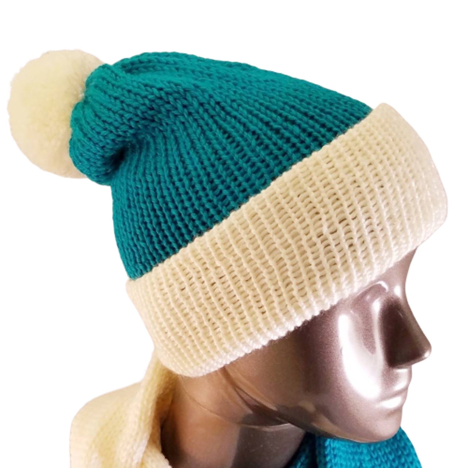Marina Teal Cream Color Block Scarf Hat Set Knitted - Beachside Knits N Quilts