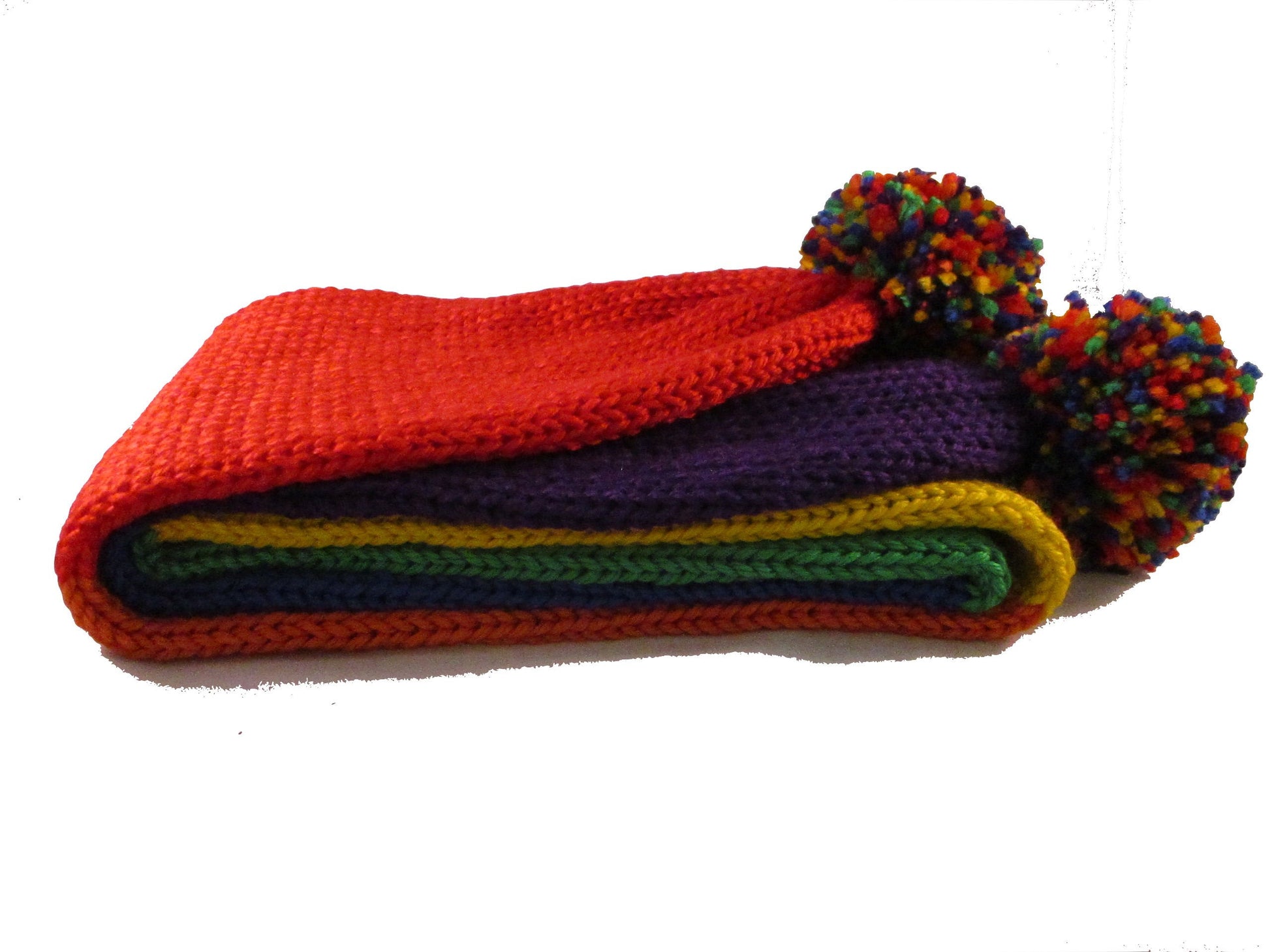 Long Scarf - Pom Poms - Striped - Rainbow - Knitted - Beachside Knits N Quilts