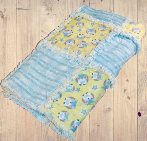 Owl Rag Quilt Crib Size Gender Neutral Blue Yellow - Beachside Knits N Quilts