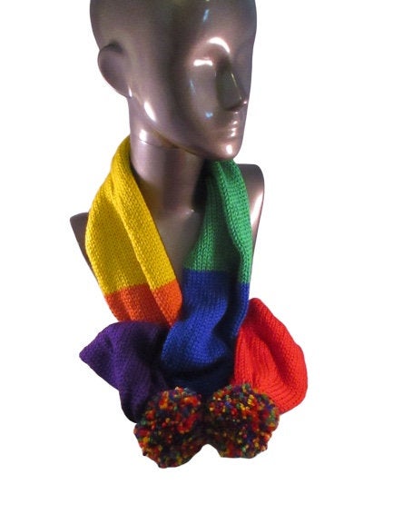 Long Scarf - Pom Poms - Striped - Rainbow - Knitted - Beachside Knits N Quilts