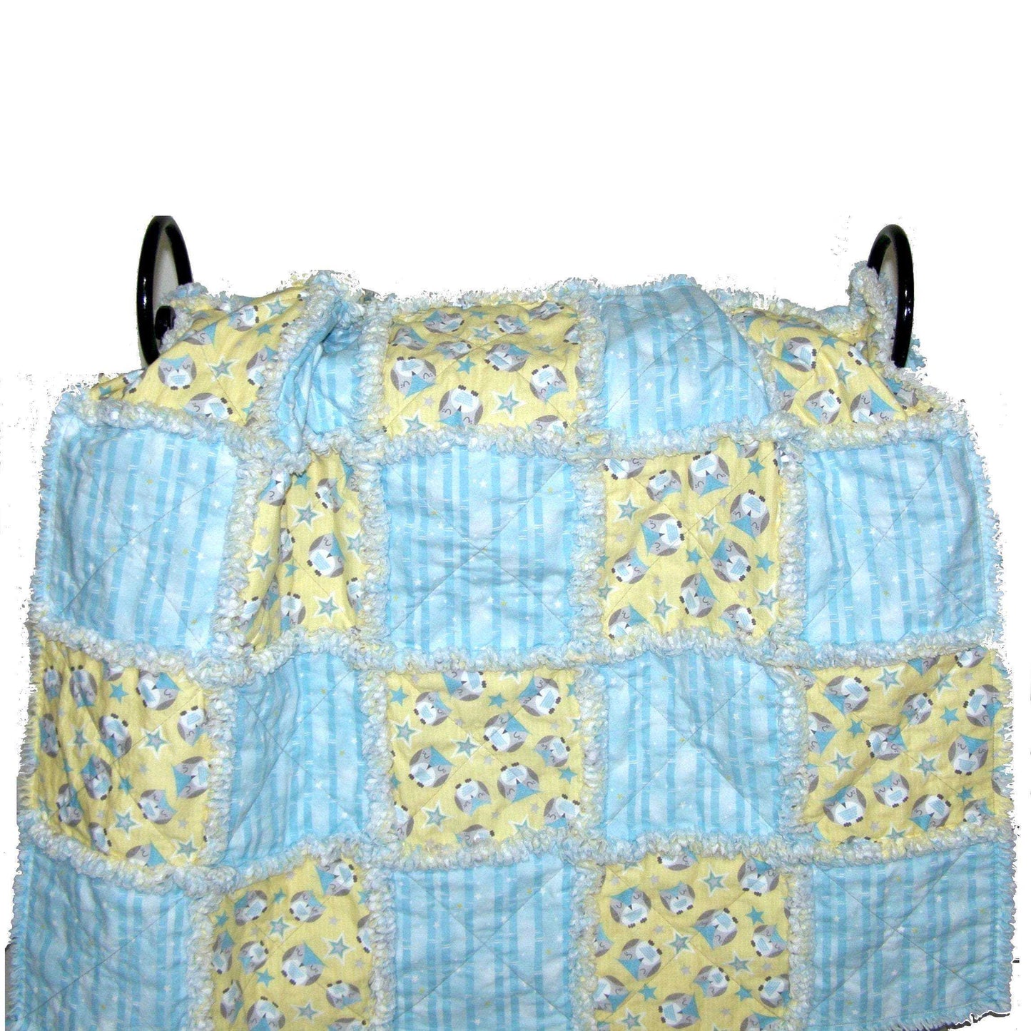 Owl Rag Quilt Crib Size Gender Neutral Blue Yellow - Beachside Knits N Quilts